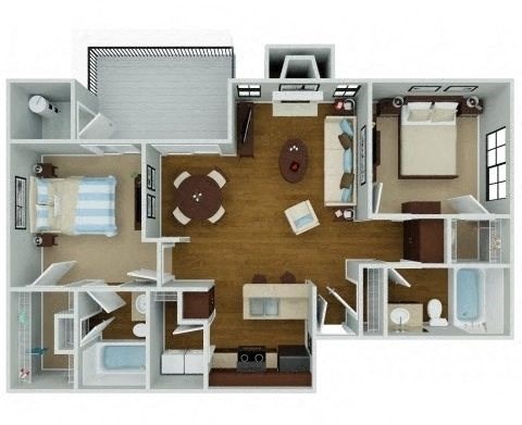 Floor plan for 2 beds, 2 baths, 1040 sqft